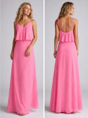 Azazie Desiree Flamingo Pink Bridesmaid Maxi Dress 4 NWT